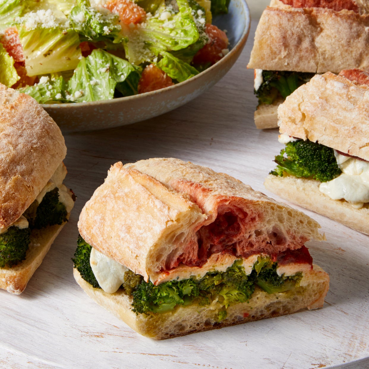 Recipe Basil Pesto & Broccoli Subs with Romaine & Orange Salad Blue