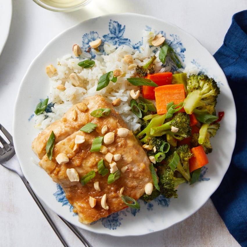 Recipe MisoGlazed Barramundi with Roasted Vegetables & Garlic Rice