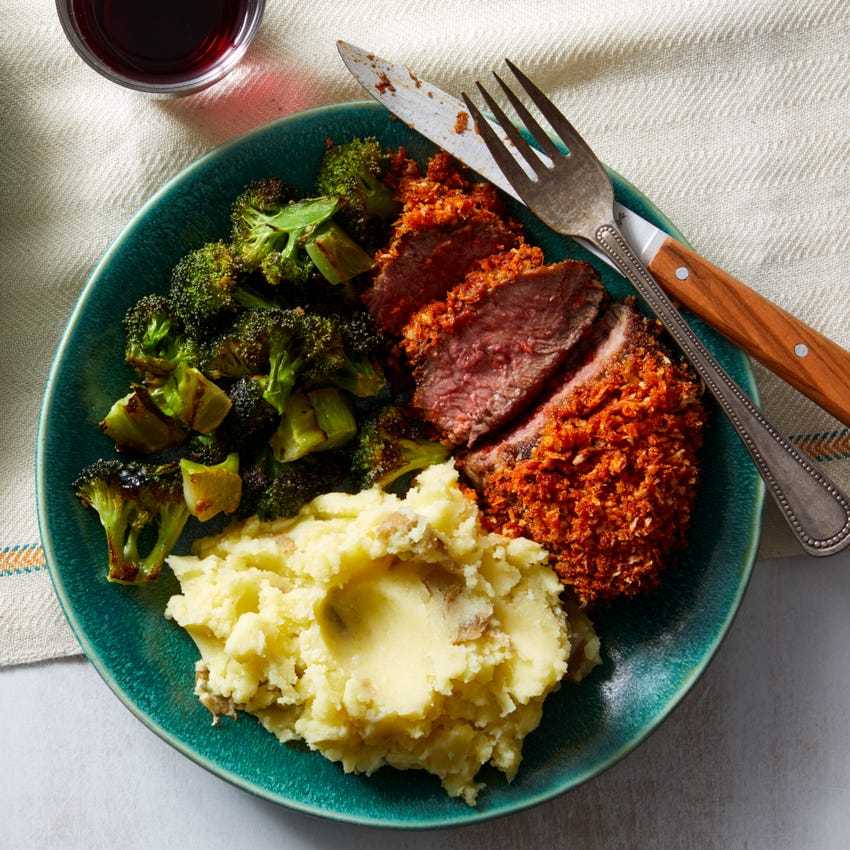 Recipe ParmesanCrusted Steaks with Mashed Potatoes & Broccoli Blue