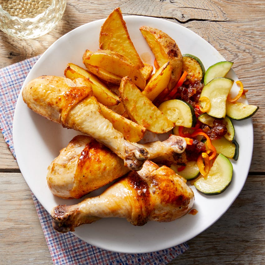 Recipe HarissaGlazed Chicken Drumsticks with Potato Wedges & Zucchini Blue Apron