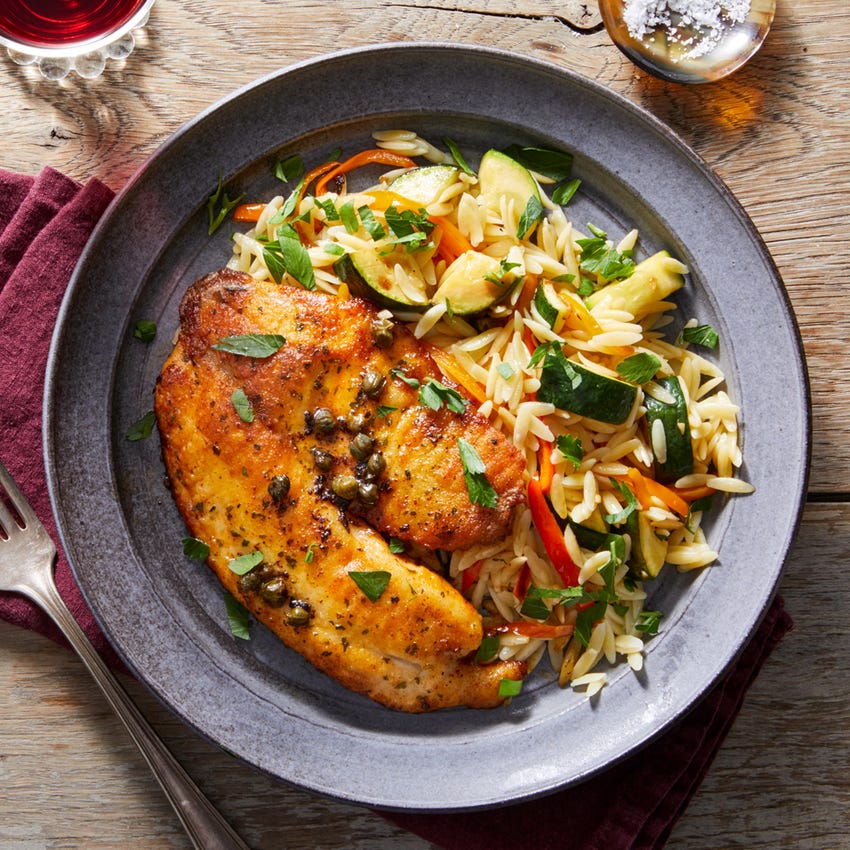Recipe Tilapia Piccata with Orzo, Zucchini & Sweet Peppers Blue Apron