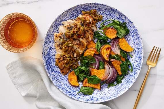 Oregano Chicken & Olive Pan Sauce with Roasted Sweet Potatoes, Onion & Spinach-image