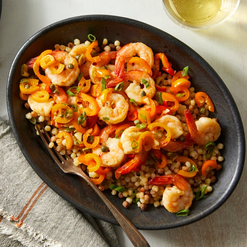Recipe ItalianStyle Shrimp & Sweet Peppers over Fregola Sarda Pasta