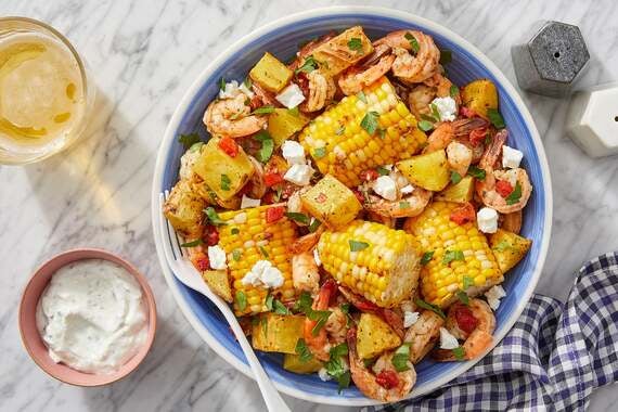 Saffron Shrimp & Corn Boil with Roasted Potatoes & Feta Cheese-image