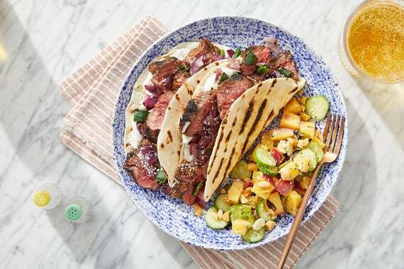 Grilled Steak Tacos with Grilled Peach & Cucumber Salad-image