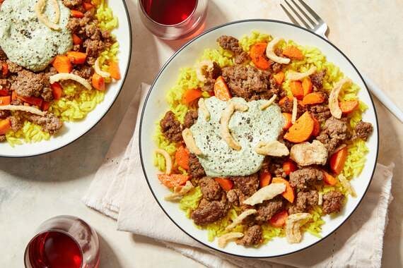 Beef over Curry-Spiced Rice with Creamy Cilantro Sauce-image