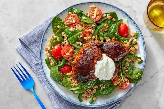 Honey & Chipotle-Glazed Chicken Thighs with Vegetable Farro & Lime Sour Cream-image