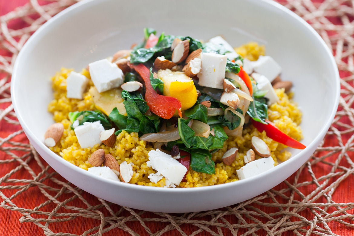 Recipe Saffron Bulgur Pilaf with Early Fall Vegetables Blue Apron
