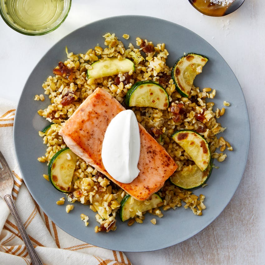Recipe Seared Salmon & Lemon Labneh with Freekeh, Zucchini, & Dates
