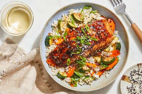 Glazed Salmon & Mustard Seed Rice with Carrots, Zucchini & Sesame Seeds-image