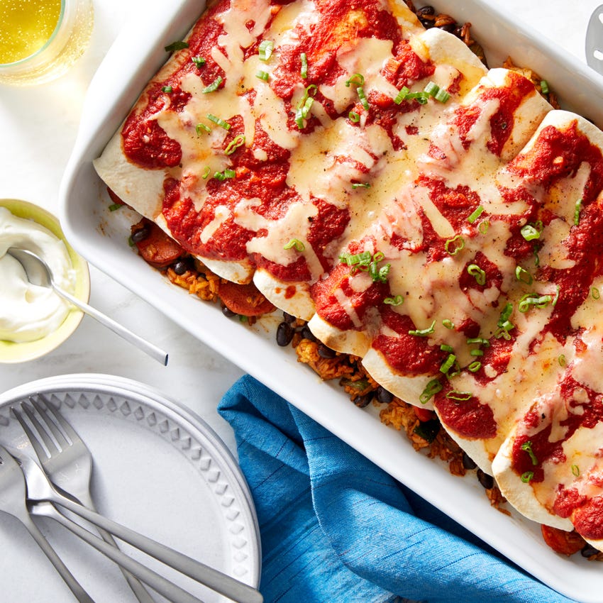 Recipe Veggie & Black Bean Enchiladas with Spiced Tomato Sauce & Rice Blue Apron