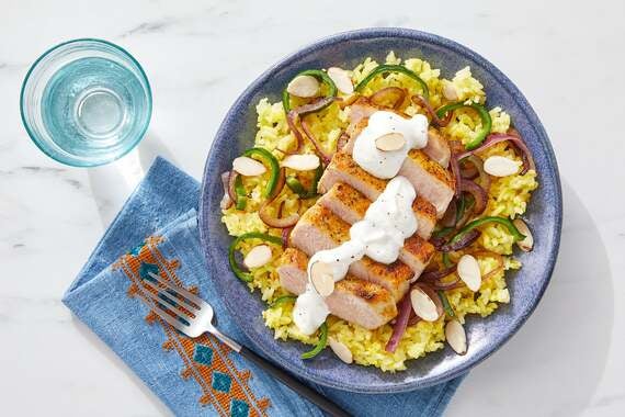 Spiced Pork Chops & Saffron Rice with Almonds & Lemon Yogurt-image