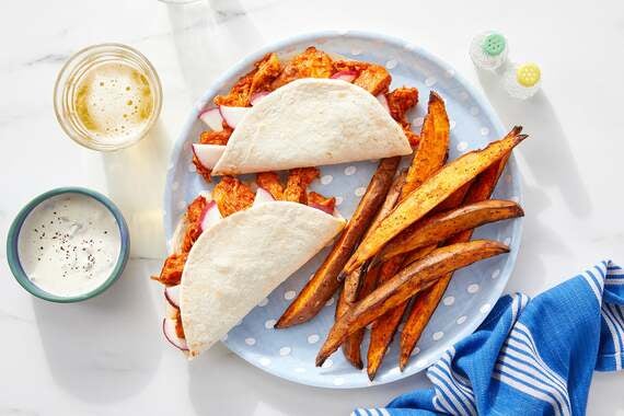 Shredded Guajillo Chicken Tacos with Smoky Sweet Potato Wedges