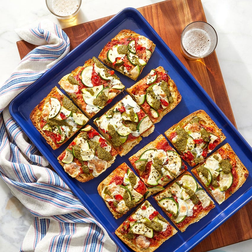 Recipe Zucchini Pesto Focaccia Pizza With Mozzarella Blue Apron