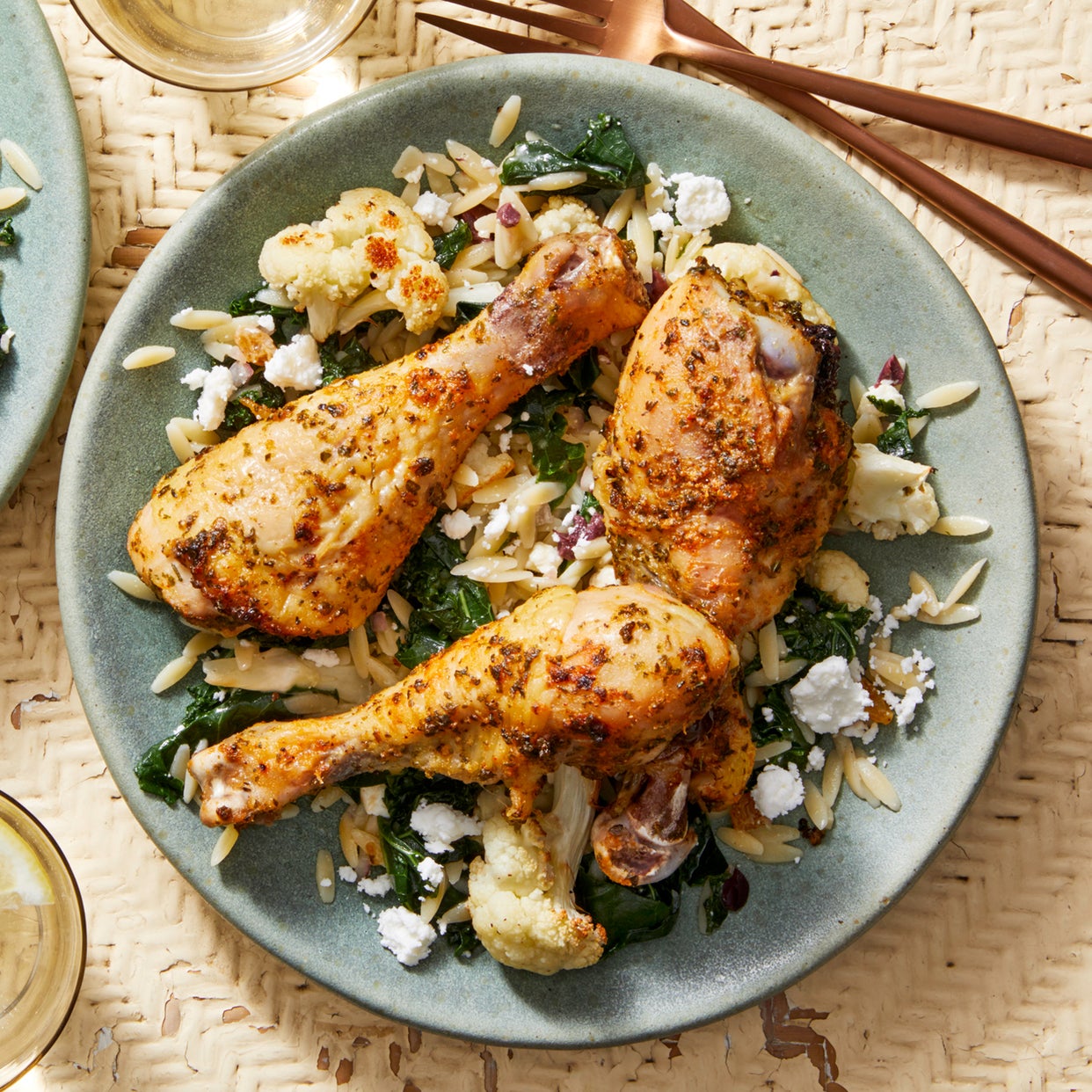 Recipe Roasted Chicken Drumsticks & Cauliflower with Orzo, Feta Cheese