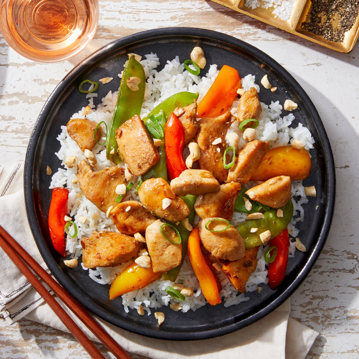Recipe Shanghai Kung Pao Chicken with StirFried Peas, Sweet Peppers