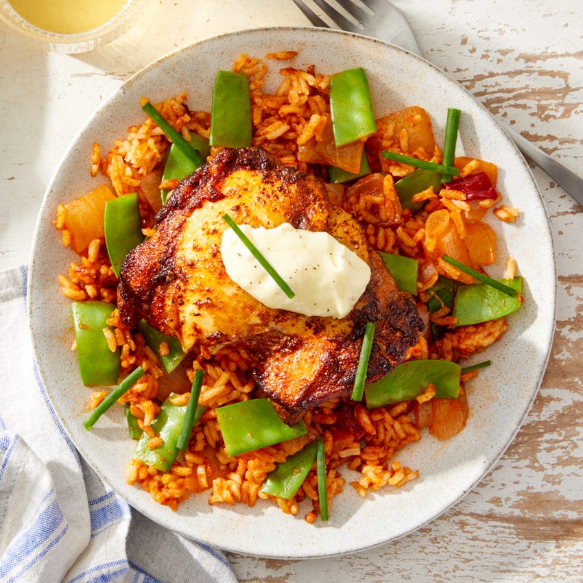 Recipe Spanish Spiced Chicken Rice With Piquillo Peppers Snow Peas Blue Apron