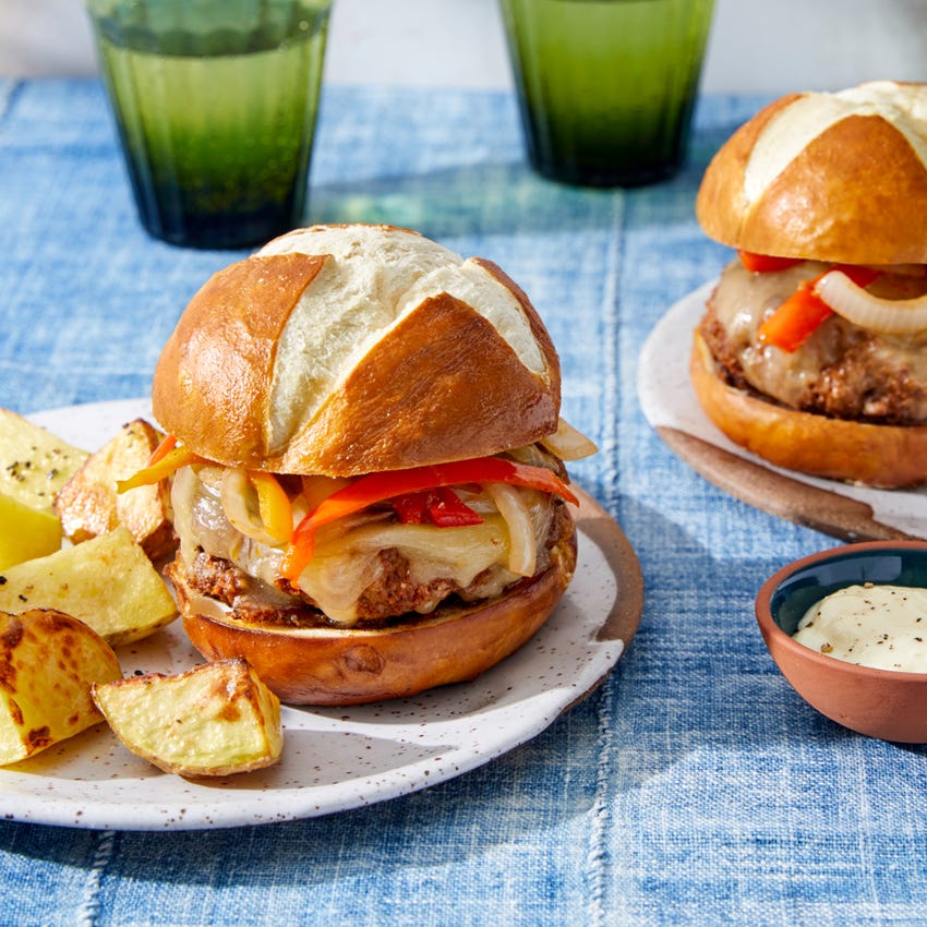 Recipe Pepper & Onion Pretzel Burgers with Roasted Potatoes & Aioli