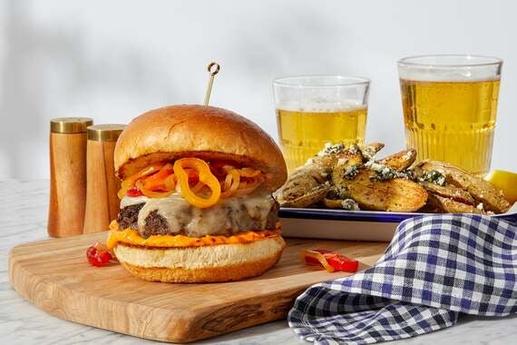 Creamy Calabrian Burgers with Parmesan Potatoes & Caper-Mint Sauce-image