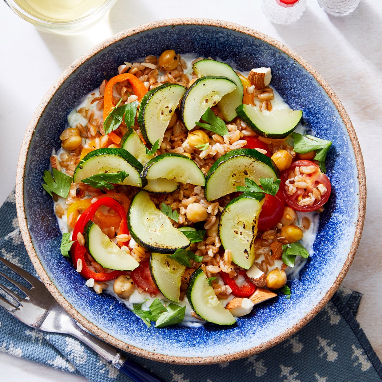 Recipe GreekStyle Farro Salad with Marinated Vegetables & Tzatziki