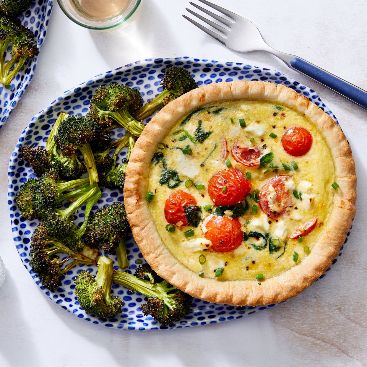 Recipe Spinach, Tomato, & Goat Cheese Quiche with Roasted Broccoli