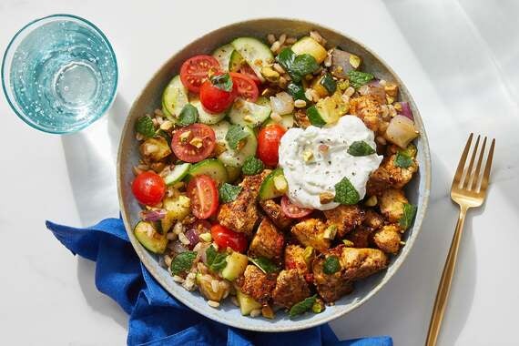 Harissa-Honey Tofu Bowl with Vegetable Barley & Tzatziki-image