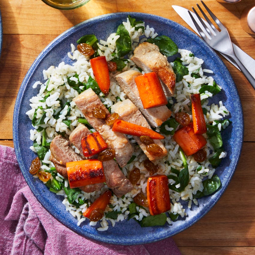 Recipe Seared Pork Chops & Carrot Agrodolce with Spinach Rice Blue Apron