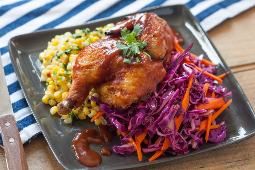 Recipe Barbecue Cornish Game Hen with Coleslaw & Sautéed Corn Blue Apron