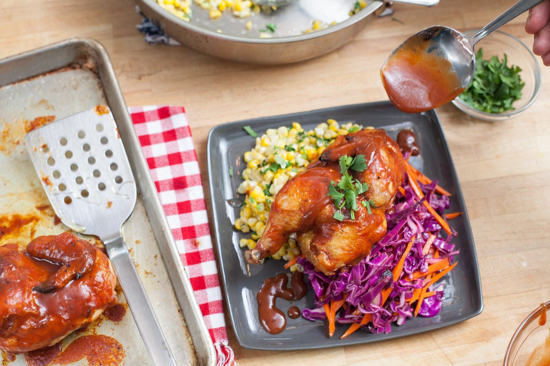 Recipe Barbecue Cornish Game Hen with Coleslaw & Sautéed Corn Blue Apron