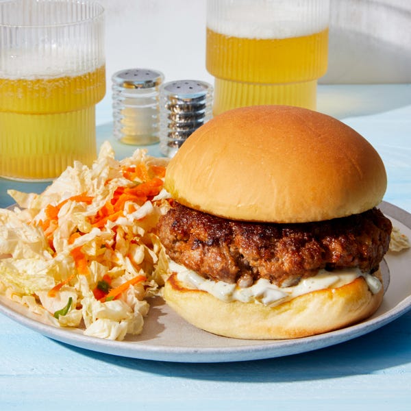 Recipe Smoky Beef Burgers with Spicy Mayo & Lime Slaw Blue Apron