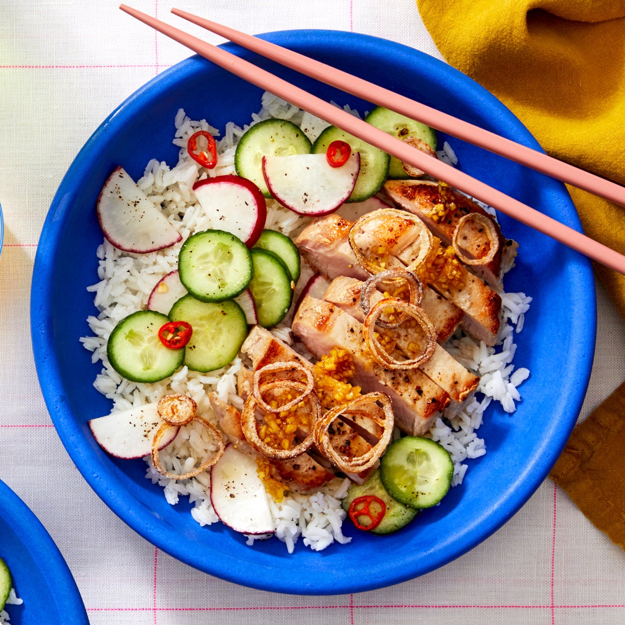 Recipe: HoneyGinger Pork Chops with Spicy Marinated Vegetables  Crispy Shallot  Blue Apron