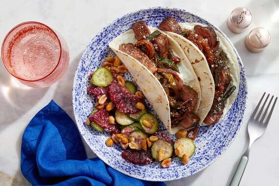 Flank Steak Tacos with Chipotle-Glazed Vegetables & Lime Sour Cream-image