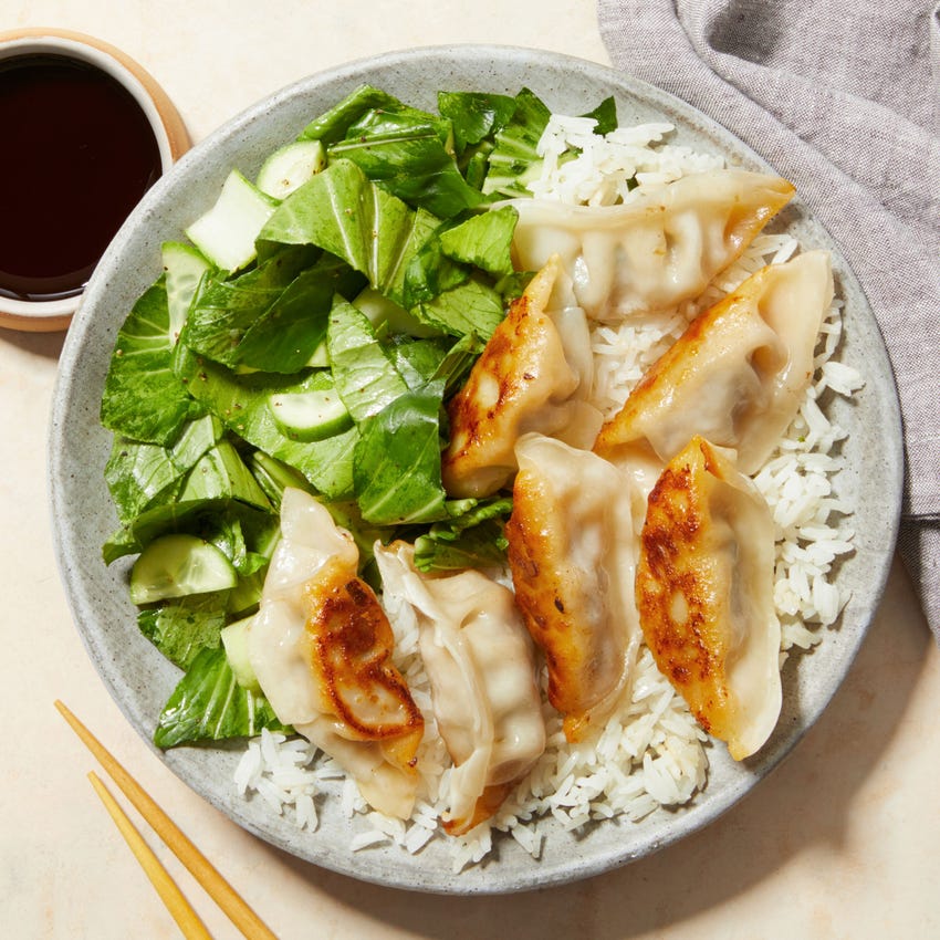 Recipe Seared Beef Dumplings & Jasmine Rice with SesameGarlic Bok