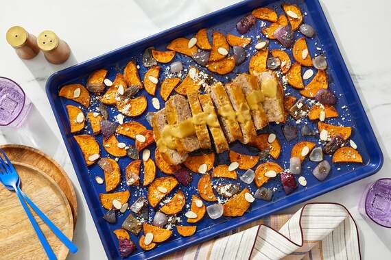 Sheet Pan Turkey & Apple Meatloaf with Spicy Maple Mustard & Sweet Potato