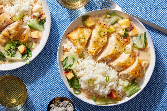 Seared Chicken in Coconut-Peach Broth with Bok Choy & Jasmine Rice-image