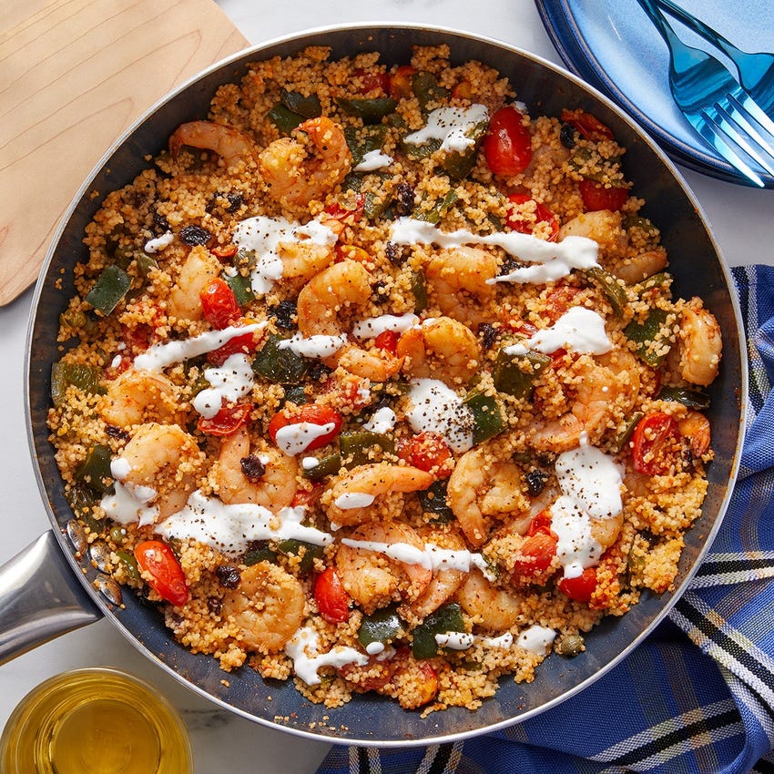 Recipe Calabrian Shrimp & Couscous Skillet with Poblano Pepper & Tomatoes Blue Apron