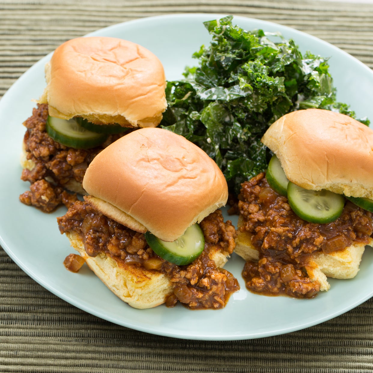 Recipe Chicken Sloppy Joe Sliders with Kale Slaw & Homemade Pickles