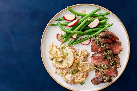 Tenderloin Steaks & Salsa Verde with Green Beans & Creamy Onion Potato Salad-image