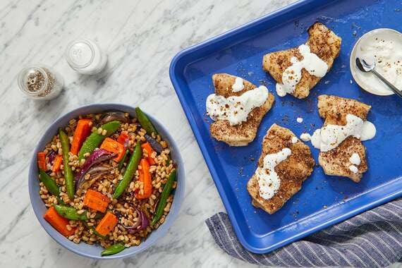 Za’atar-Roasted Chicken Thighs with Warm Farro Salad & Creamy Feta Dressing-image