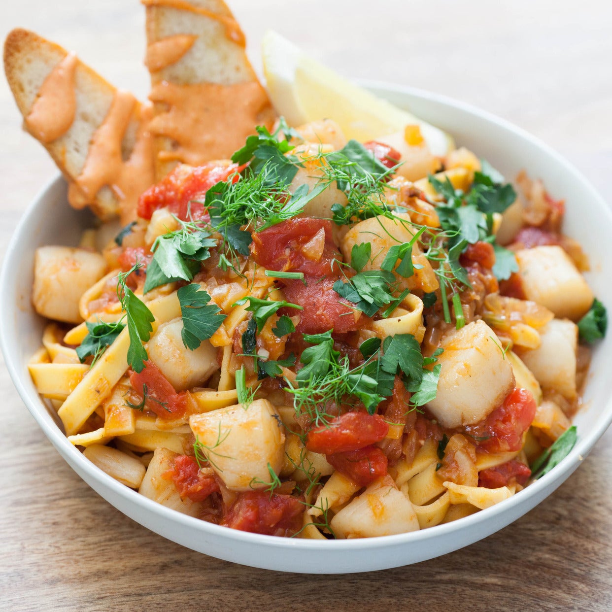 Cioppino Tagliatelle with Bay Scallops, Toasted Baguette ...