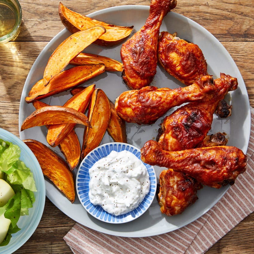 Recipe Spicy BBQ Chicken Drumsticks with Roasted Sweet Potatoes & Pear