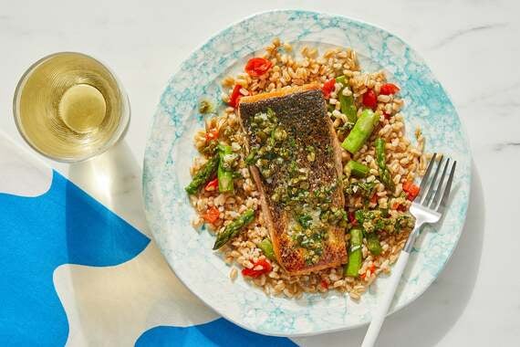Crispy Skin Salmon & Vegetable Farro with Lemon-Parsley Sauce-image