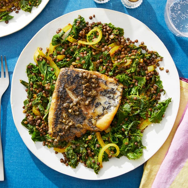 Recipe Barramundi & CaperButter Sauce with Kale & Lentils Blue Apron