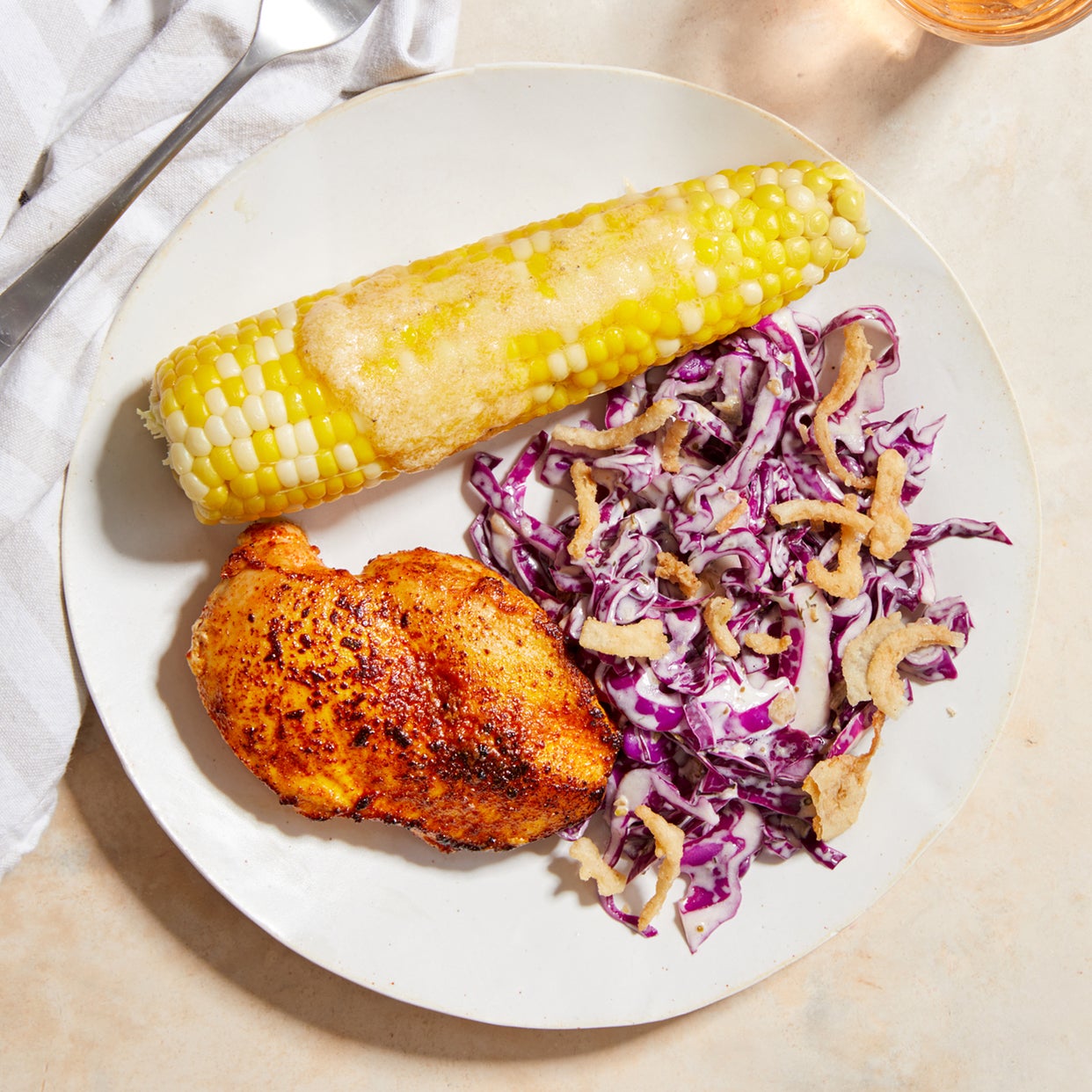 Recipe Spicy Glazed Chicken & Honey Butter Corn with Coleslaw & Crispy
