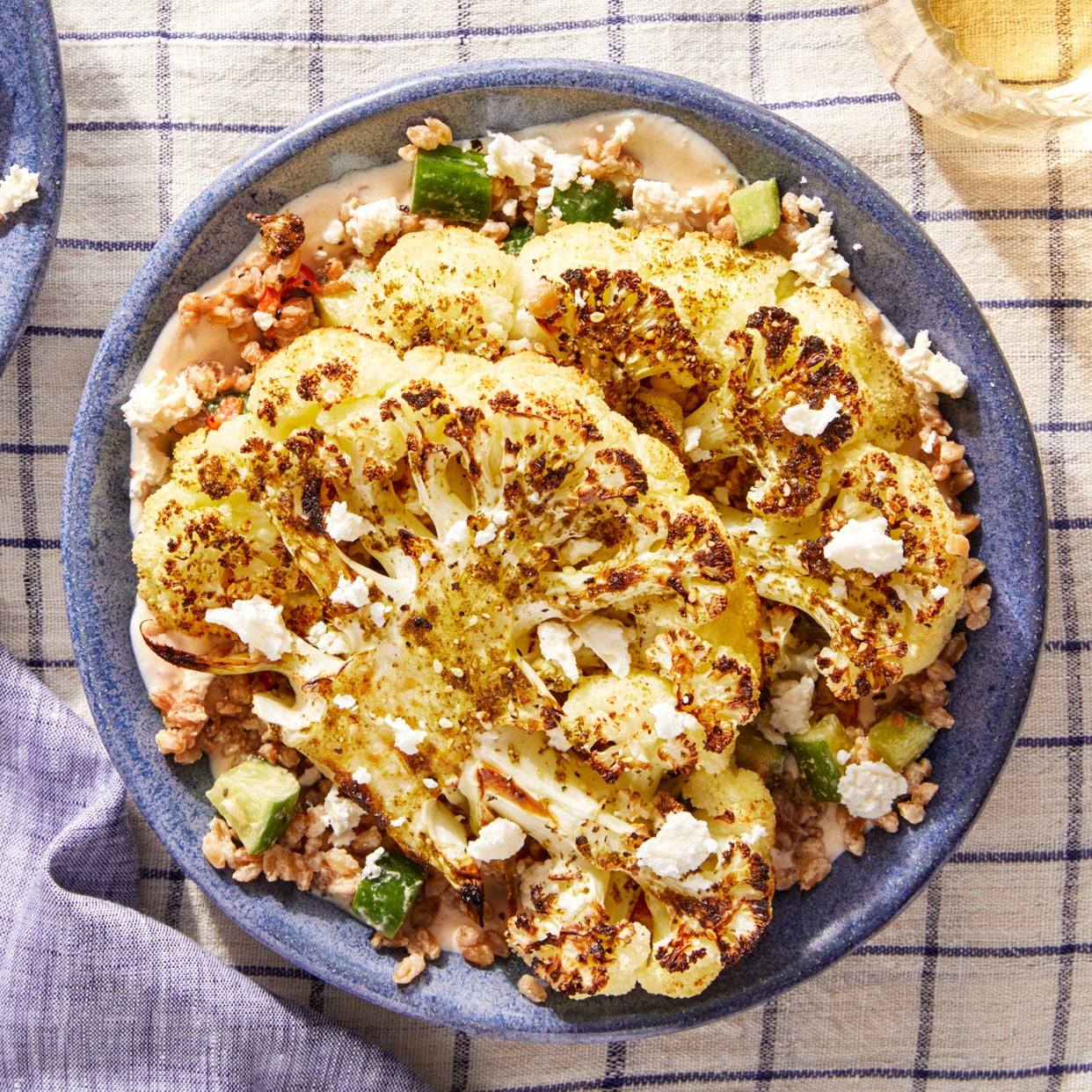 Recipe Roasted Cauliflower with Tahini Farro Salad & Harissa Yogurt