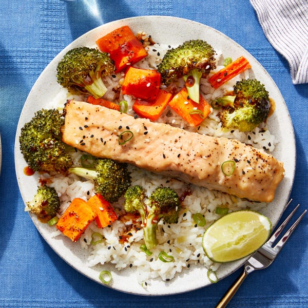 Recipe MisoGlazed Salmon with Roasted Broccoli, Carrots, & Aromatic
