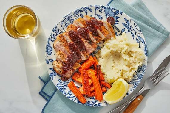 Sour Cherry-Dijon Pork with Mashed Potatoes & Roasted Carrots-image