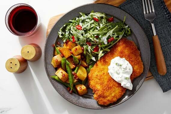 Crispy Pork Schnitzel & Arugula Salad with Roasted Potatoes, Snap Peas & Pancetta-image