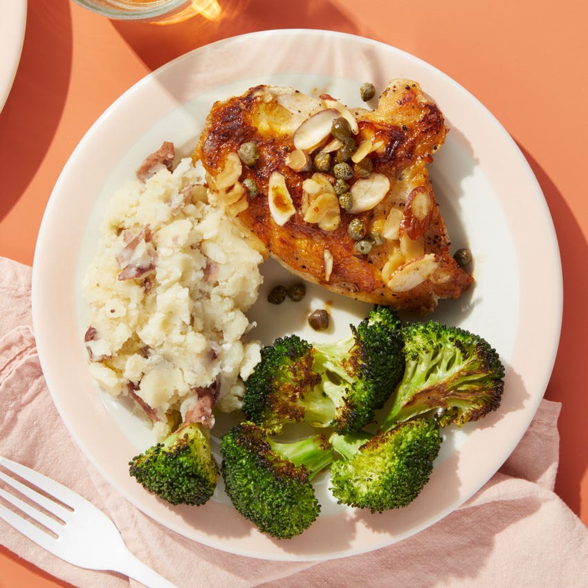 Recipe Piccata Style Chicken With Roasted Broccoli Garlic Mashed Potatoes Blue Apron