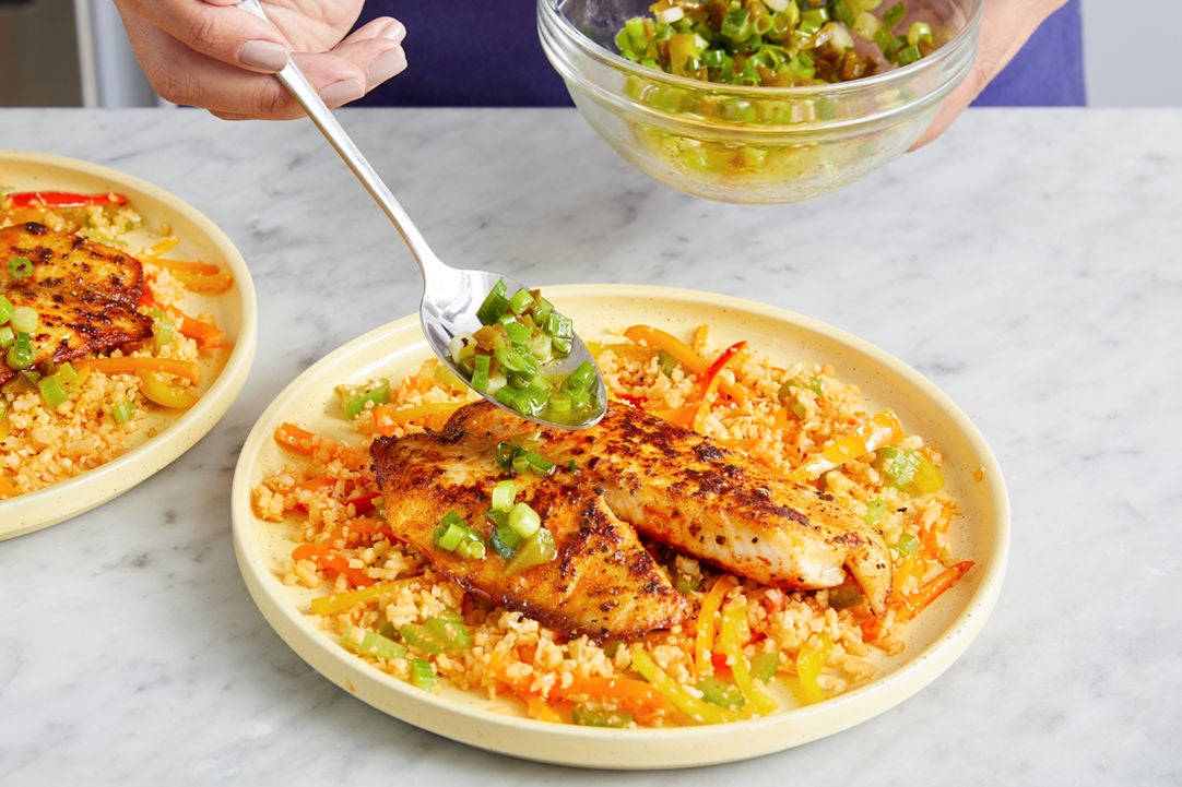 Recipe Cajun Tilapia & Spicy Scallion Relish with “Dirty Cauliflower